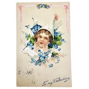 1907 Antique Collectible Embossed Valentines Child Pointed Hat Post Card Posted